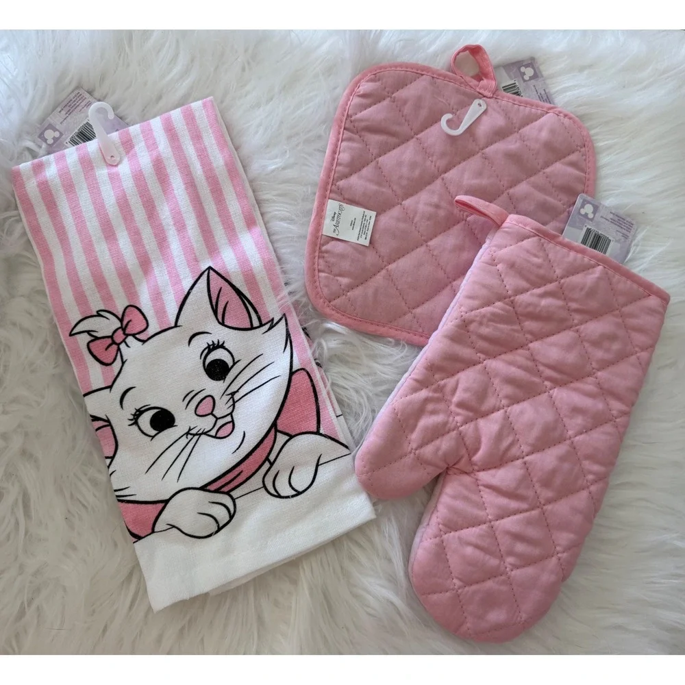 Disney The Aristocats Marie Kitchen Set Towel Pot Holder Oven Mitt Pink White